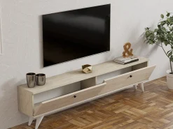 Mobili Porta Tv > Dmora Mobile Porta tv 2 Vani 2 Ante 160x25x40h cm, Apertura a Ribalta - Atestino Beige Marmo