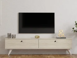 Mobili Porta Tv > Dmora Mobile Porta tv 2 Vani 2 Ante 160x25x40h cm, Apertura a Ribalta - Atestino Beige Marmo