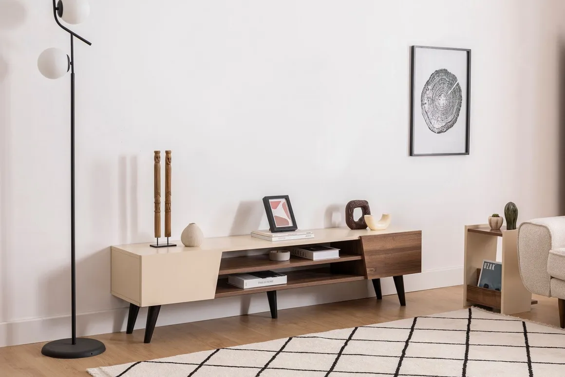 Mobile Porta tv Beige Marrone Noce un Ripiano 4 Vani 180x37x45h cm, 2 Ante - Lei