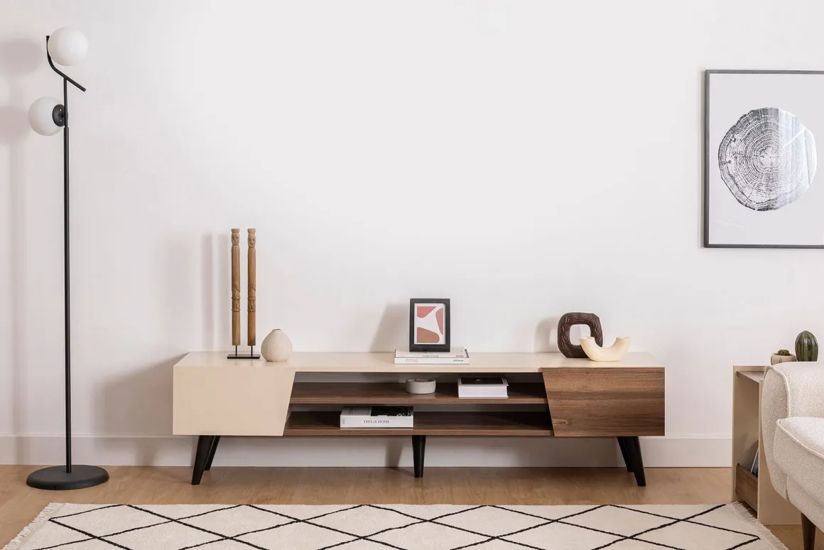 Mobile Porta tv Beige Marrone Noce un Ripiano 4 Vani 180x37x45h cm, 2 Ante - Lei