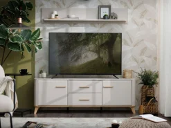 Mobile Porta tv Beige Marrone Rovere 2 Cassetti un Ripiano 154x40x52.5h cm, 2 Ante - Terento