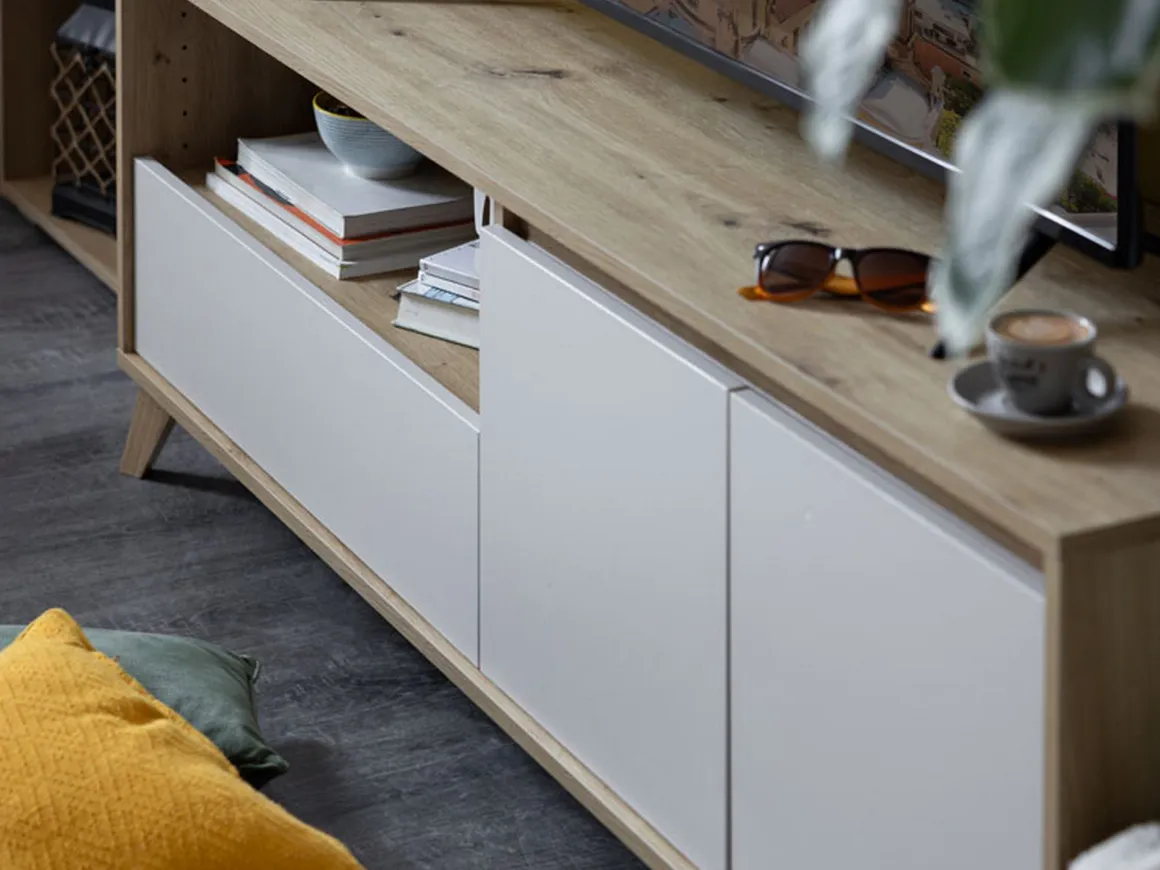 Mobili Porta Tv > Dmora Mobile Porta tv Beige Marrone Rovere Nodi un Cassetto 4 Ripiani 189x40x52h cm, 2 Ante - Cavour Marrone, Beige Rovere Nodi