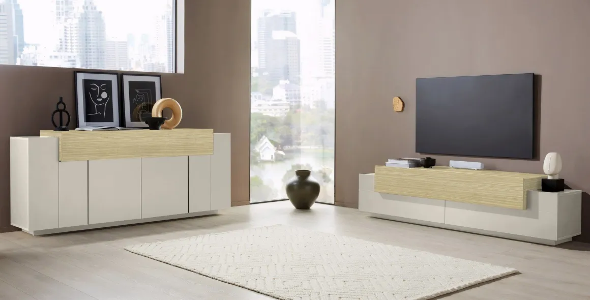 Mobile Porta tv Beige 3 Ripiani 4 Vani 200x45x51.5h cm, 3 Ante - Cassino