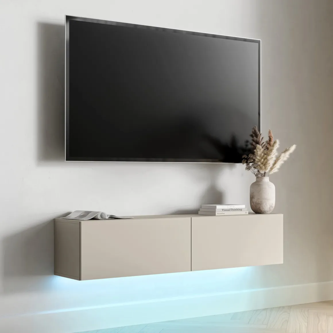 Mobili Porta Tv > Dmora Mobile Porta tv un Ripiano 2 Ante 154x40x53h cm, Anta Effetto Rigato - Kameza Beige
