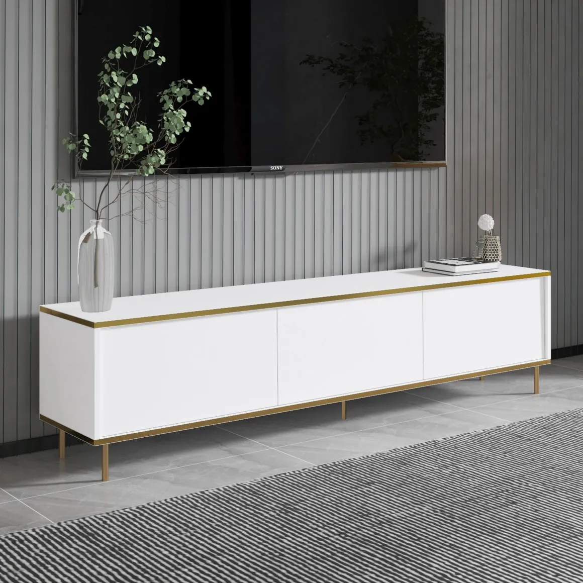 Mobile Porta tv Bianco 3 Ante con Finiture oro 180x35x45h cm, 3 Vani - Sassello