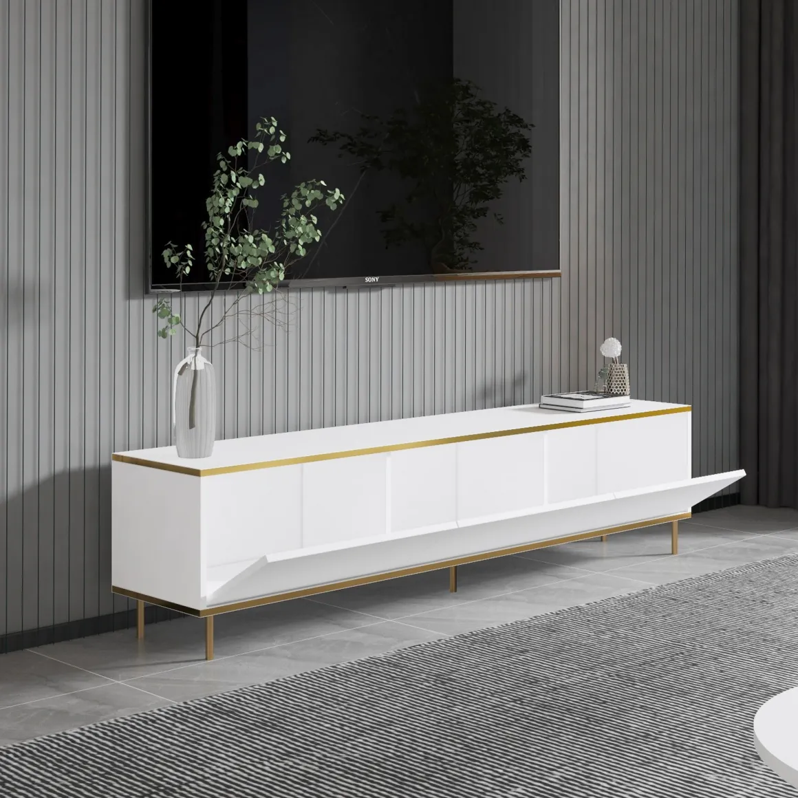 Mobile Porta tv Bianco 3 Ante con Finiture oro 180x35x45h cm, 3 Vani - Sassello