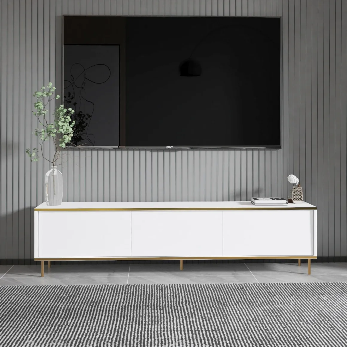 Mobile Porta tv Bianco 3 Ante con Finiture oro 180x35x45h cm, 3 Vani - Sassello