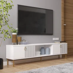 Mobile Porta tv Bianco 2 Ante 3 Vani 180x30x45h cm, Apertura a Ribalta - Imerese