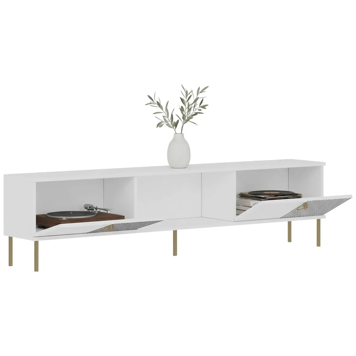 Mobile Porta tv Bianco 2 Ante 3 Vani 180x30x45h cm, Apertura a Ribalta - Imerese