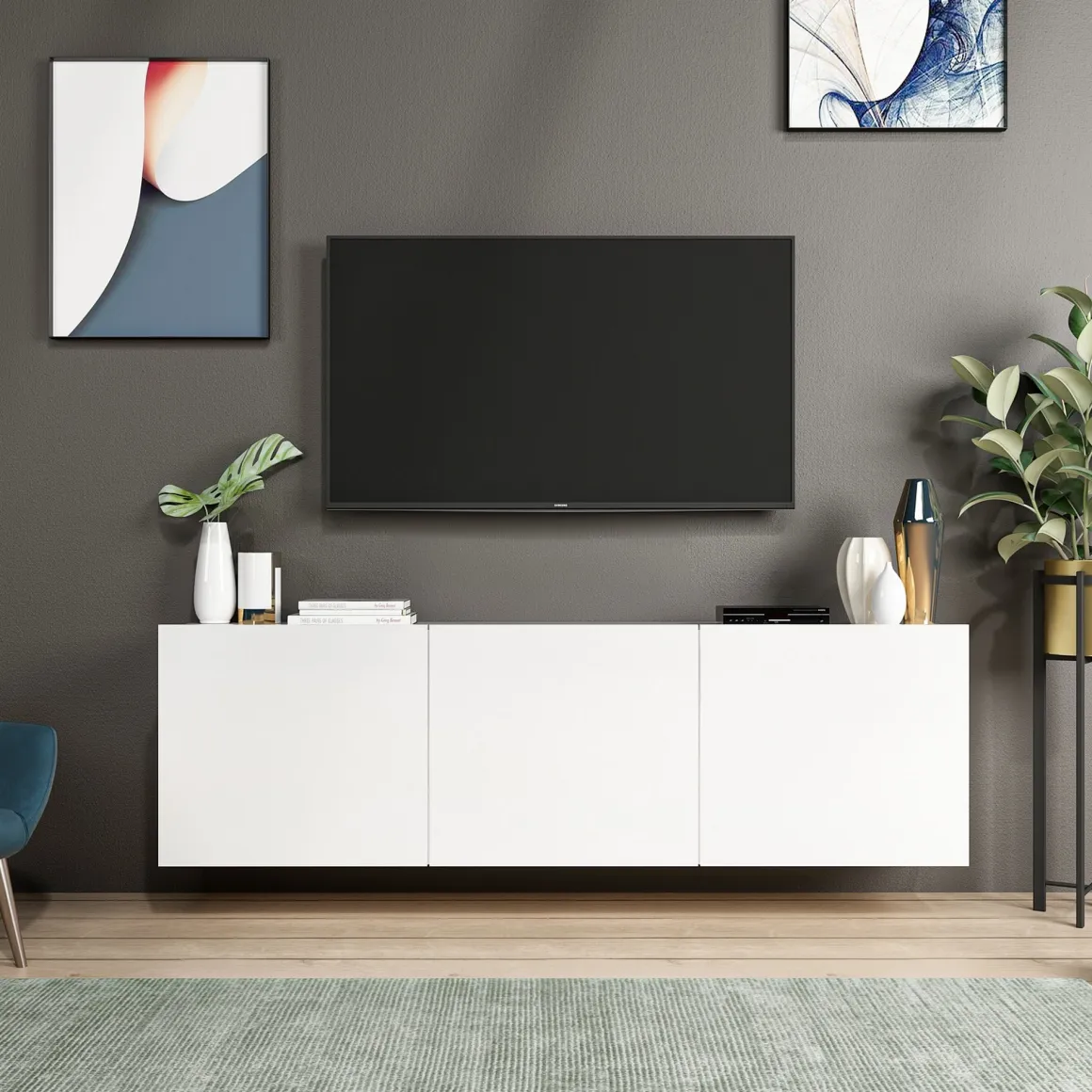 Mobile Porta tv Bianco 3 Ante 3 Vani 150x31x44h cm, Apertura Battente - Osidda