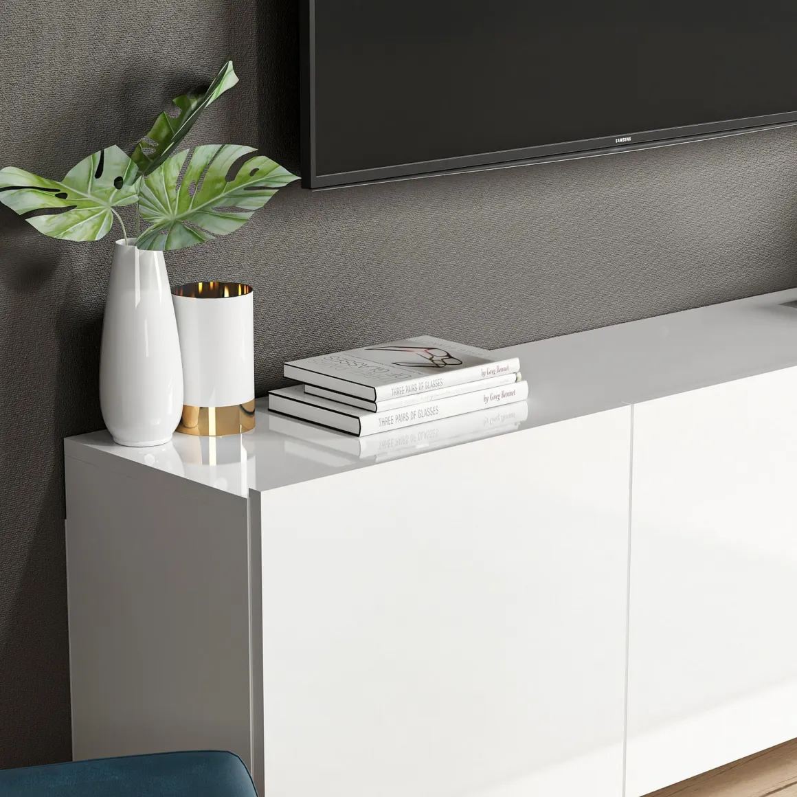 Mobile Porta tv Bianco 3 Ante 3 Vani 150x31x44h cm, Apertura Battente - Osidda