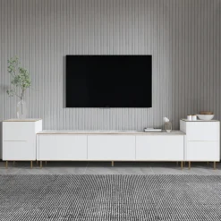 Mobili Porta Tv > Dmora Mobile Porta tv Bianco Bianco Marmo 2 Ripiani 5 Ante 180x35x45h cm, con Finiture oro - Cortin Bianco, Bianco Marmo