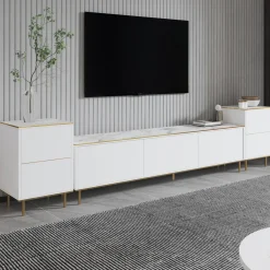 Mobili Porta Tv > Dmora Mobile Porta tv Bianco Bianco Marmo 2 Ripiani 5 Ante 180x35x45h cm, con Finiture oro - Cortin Bianco, Bianco Marmo