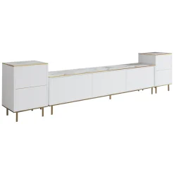 Mobili Porta Tv > Dmora Mobile Porta tv Bianco Bianco Marmo 2 Ripiani 5 Ante 180x35x45h cm, con Finiture oro - Cortin Bianco, Bianco Marmo