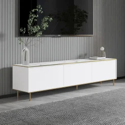 Mobile Porta tv Bianco Bianco Marmo 3 Ante con Finiture oro 180x35x45h cm, 3 Vani - Sassello