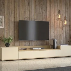 Mobili Porta Tv > Dmora Mobile Porta tv Bianco Cashmere Marrone Rovere Chiaro 3 Ripiani 3 Ante 200x35x30h cm, 4 Vani Made in Italy - Oxanna Marrone Rovere chiaro, Bianco Cashmere