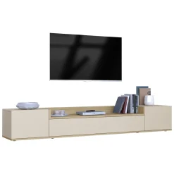 Mobili Porta Tv > Dmora Mobile Porta tv Bianco Cashmere Marrone Rovere Chiaro 3 Ripiani 3 Ante 200x35x30h cm, 4 Vani Made in Italy - Oxanna Marrone Rovere chiaro, Bianco Cashmere