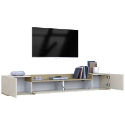 Mobili Porta Tv > Dmora Mobile Porta tv Bianco Cashmere Marrone Rovere Chiaro 3 Ripiani 3 Ante 200x35x30h cm, 4 Vani Made in Italy - Oxanna Marrone Rovere chiaro, Bianco Cashmere