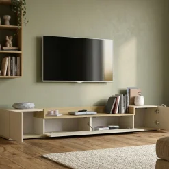 Mobili Porta Tv > Dmora Mobile Porta tv Bianco Cashmere Marrone Rovere Chiaro 3 Ripiani 3 Ante 200x35x30h cm, 4 Vani Made in Italy - Oxanna Marrone Rovere chiaro, Bianco Cashmere