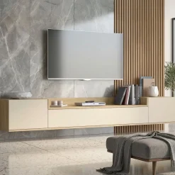 Mobili Porta Tv > Dmora Mobile Porta tv Bianco Cashmere Marrone Rovere Chiaro 3 Ripiani 3 Ante 200x35x30h cm, 4 Vani Made in Italy - Oxanna Marrone Rovere chiaro, Bianco Cashmere