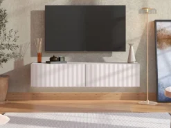 Mobile Porta tv Bianco Crema Beige un Ripiano 2 Ante 154x42x32h cm, 2 Vani - Maderno