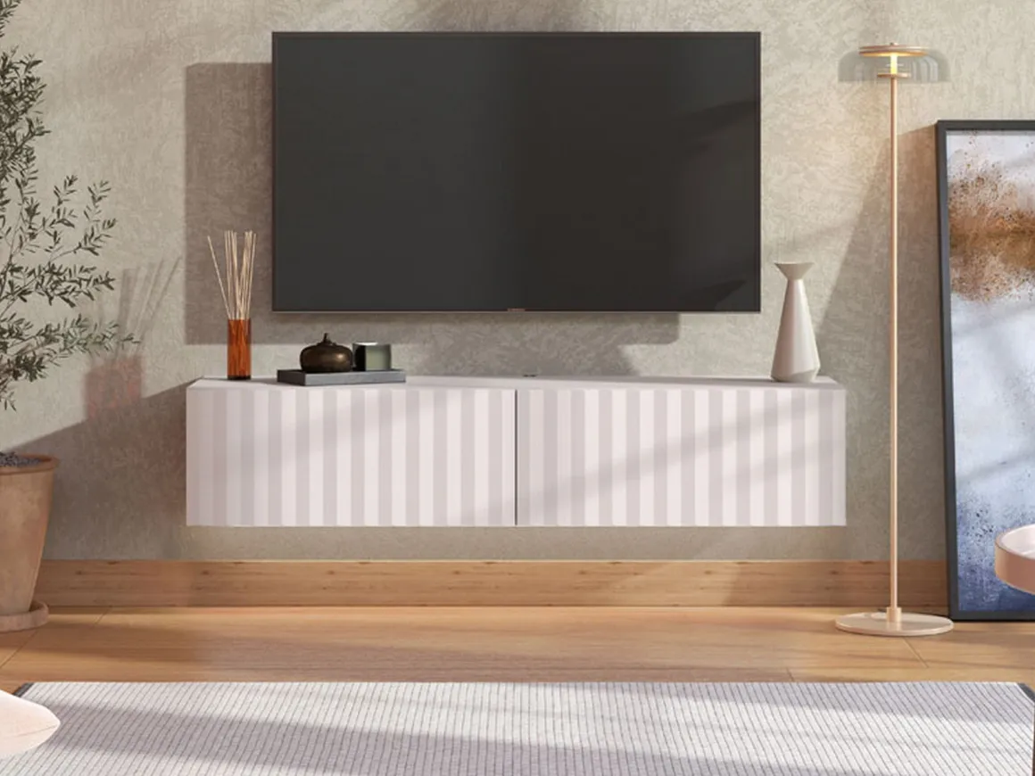 Mobile Porta tv Bianco Crema Beige un Ripiano 2 Ante 154x42x32h cm, 2 Vani - Maderno
