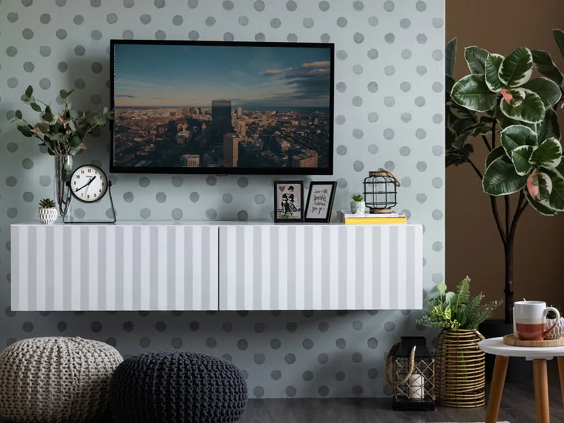 Mobile Porta tv Bianco Crema Beige un Ripiano 2 Ante 154x42x32h cm, 2 Vani - Maderno