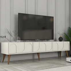 Mobile Porta tv Bianco Crema Marrone Noce 3 Ante Apertura a Ribalta 180x35x44h cm, 3 Vani - Scafa