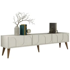 Mobile Porta tv Bianco Crema Marrone Noce 3 Ante Apertura a Ribalta 180x35x44h cm, 3 Vani - Scafa