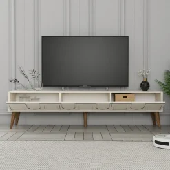Mobili Porta Tv > Dmora Mobile Porta tv Bianco Crema Marrone Rovere 2 Ripiani 2 Ante 180x47x35h cm, 4 Vani - Cantoira Marrone Rovere, Bianco Crema