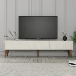 Mobili Porta Tv > Dmora Mobile Porta tv Bianco Crema Marrone Rovere 2 Ripiani 2 Ante 180x47x35h cm, 4 Vani - Cantoira Marrone Rovere, Bianco Crema