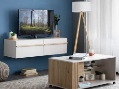 Mobili Porta Tv > Dmora Mobile Porta tv Bianco Crema Marrone Rovere un Ripiano 4 Ante 156x40x44h cm, con Piedini - Erbez Marrone Rovere, Bianco Crema