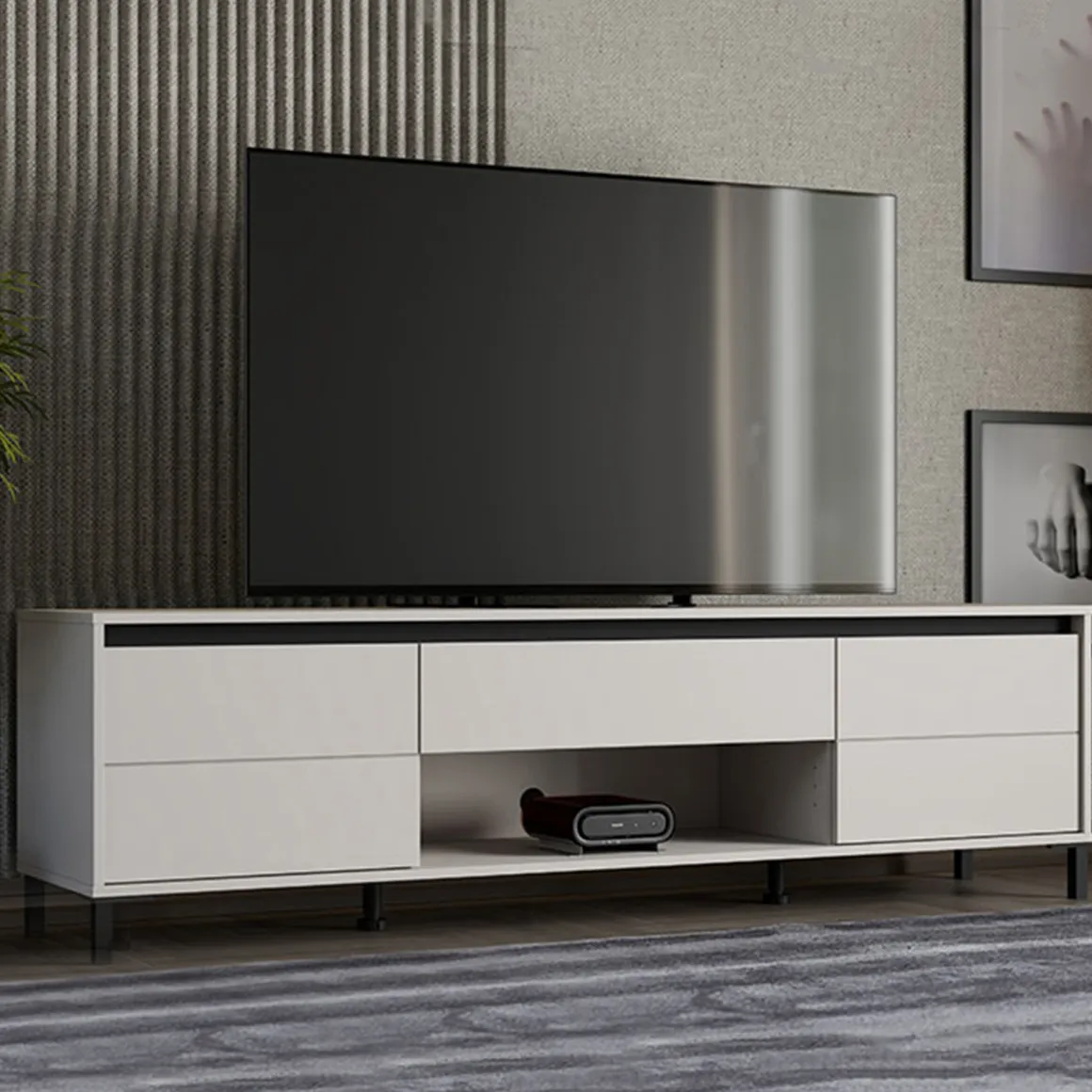 Mobile Porta tv Bianco Crema Nero un Cassetto un Ripiano 183x40x52h cm, 2 Ante - Celico
