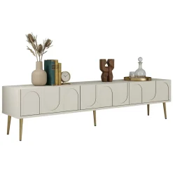 Mobili Porta Tv > Dmora Mobile Porta tv Bianco Crema oro 3 Ante Apertura a Ribalta 180x35x43h cm, 3 Vani - Marnate Oro, Bianco Crema