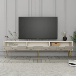 Mobili Porta Tv > Dmora Mobile Porta tv Bianco Crema oro 3 Ante Apertura a Ribalta 180x35x43h cm, 3 Vani - Marnate Oro, Bianco Crema