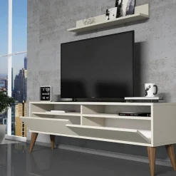 Mobile Porta tv Bianco Crema 3 Ripiani Apertura a Ribalta 150x30x50h cm, 2 Ante - Maglie