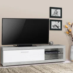 Mobile Porta tv Bianco Grigio Cemento 2 Ripiani Un'anta 162x41.5x43.5h cm, Ripiano in Vetro - Pompu