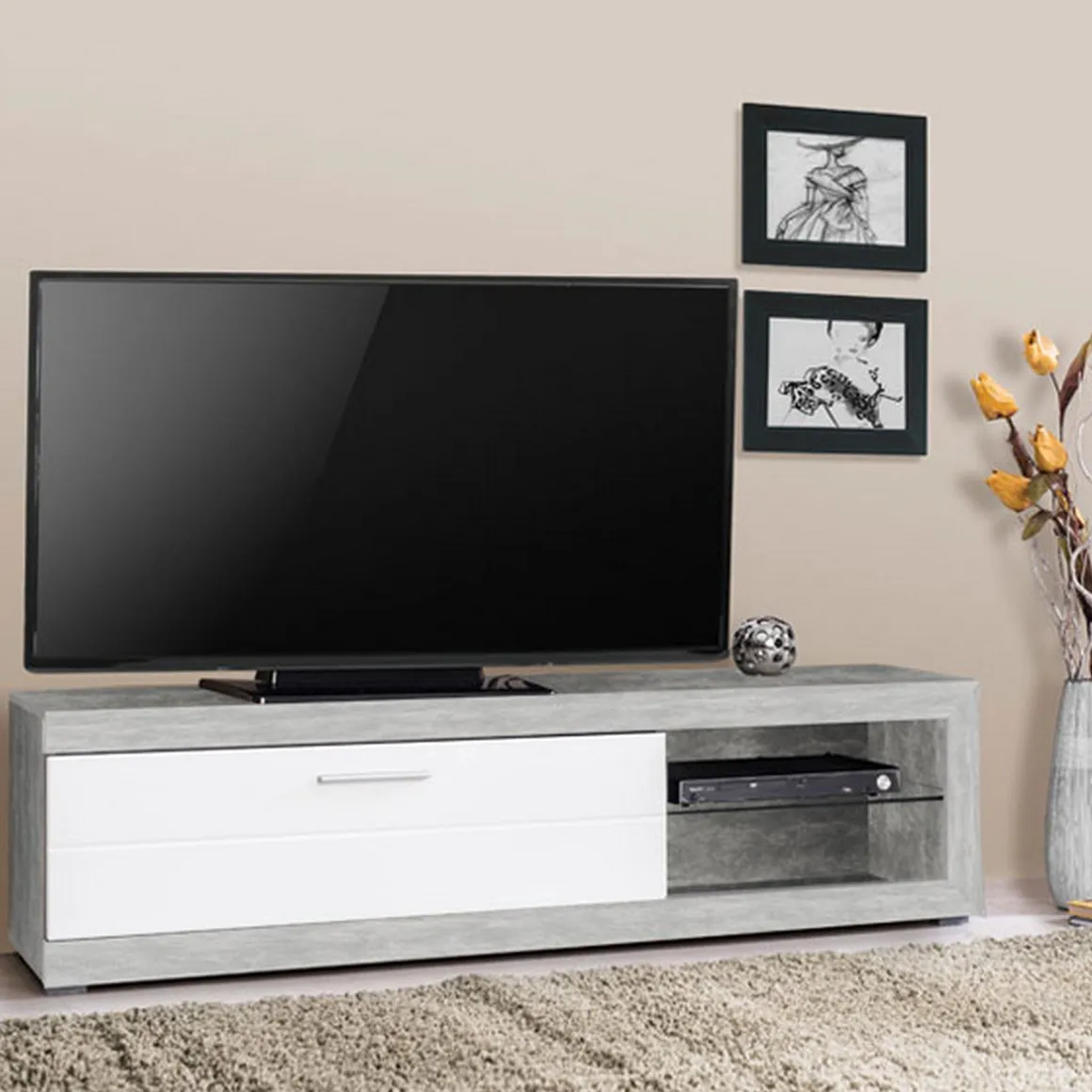 Mobile Porta tv Bianco Grigio Cemento 2 Ripiani Un'anta 162x41.5x43.5h cm, Ripiano in Vetro - Pompu