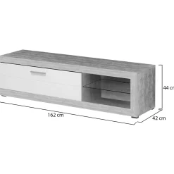 Mobile Porta tv Bianco Grigio Cemento 2 Ripiani Un'anta 162x41.5x43.5h cm, Ripiano in Vetro - Pompu