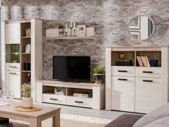 Mobili Porta Tv > Dmora Mobile Porta tv Bianco Larice Marrone Rovere 3 Ripiani 4 Vani 122.5x43.5x49.5h cm, Un'anta - Castalda Marrone Rovere, Bianco Larice