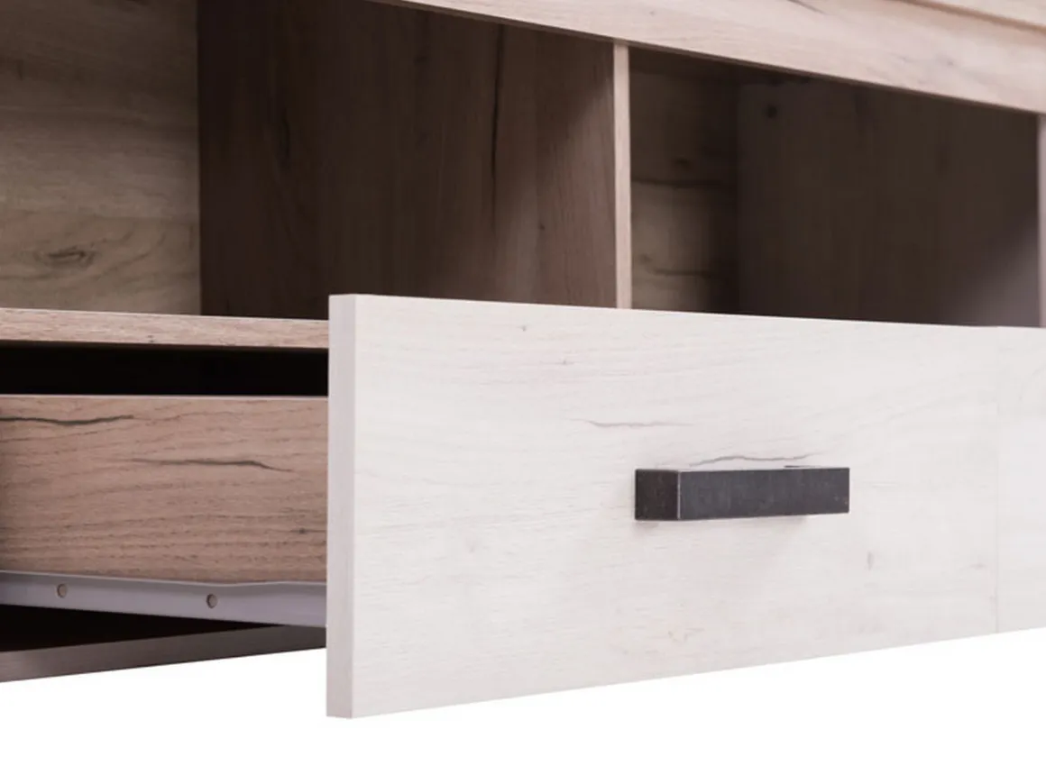 Mobili Porta Tv > Dmora Mobile Porta tv Bianco Larice Marrone Rovere 3 Ripiani 4 Vani 122.5x43.5x49.5h cm, Un'anta - Castalda Marrone Rovere, Bianco Larice