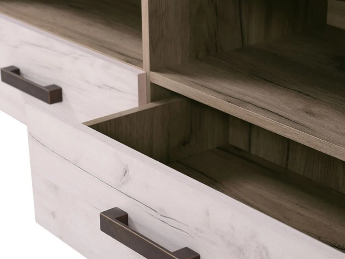 Mobili Porta Tv > Dmora Mobile Porta tv Bianco Larice Marrone Rovere 3 Ripiani 4 Vani 122.5x43.5x49.5h cm, Un'anta - Castalda Marrone Rovere, Bianco Larice