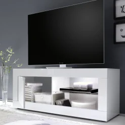 Mobile Porta tv Bianco Lucido 2 Ripiani Apertura Maniglia 140x43x56h cm, 4 Vani Made in Italy - Gambara