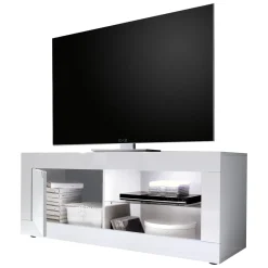 Mobile Porta tv Bianco Lucido 2 Ripiani Apertura Maniglia 140x43x56h cm, 4 Vani Made in Italy - Gambara