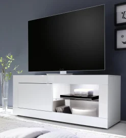 Mobile Porta tv Bianco Lucido 2 Ripiani Apertura Maniglia 140x43x56h cm, 4 Vani Made in Italy - Gambara