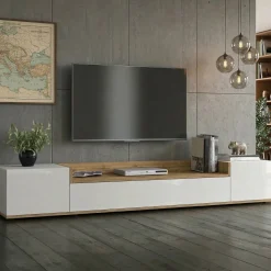 Mobile Porta tv Bianco Lucido Marrone Rovere 3 Ripiani 3 Ante 200x35x30h cm, 4 Vani Made in Italy - Oxanna