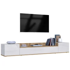 Mobile Porta tv Bianco Lucido Marrone Rovere 3 Ripiani 3 Ante 200x35x30h cm, 4 Vani Made in Italy - Oxanna