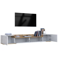 Mobile Porta tv Bianco Lucido Marrone Rovere 3 Ripiani 3 Ante 200x35x30h cm, 4 Vani Made in Italy - Oxanna
