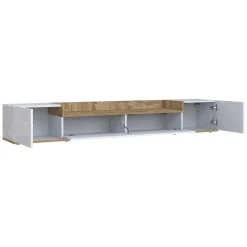 Mobile Porta tv Bianco Lucido Marrone Rovere 3 Ripiani 3 Ante 200x35x30h cm, 4 Vani Made in Italy - Oxanna