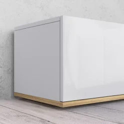 Mobile Porta tv Bianco Lucido Marrone Rovere 3 Ripiani 3 Ante 200x35x30h cm, 4 Vani Made in Italy - Oxanna